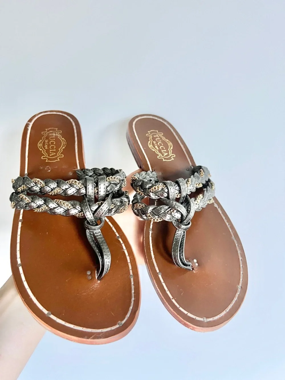 Tuccia di Capri Silver Braided Leather & Gold Chain Toe-Post Sandals Size EU 37